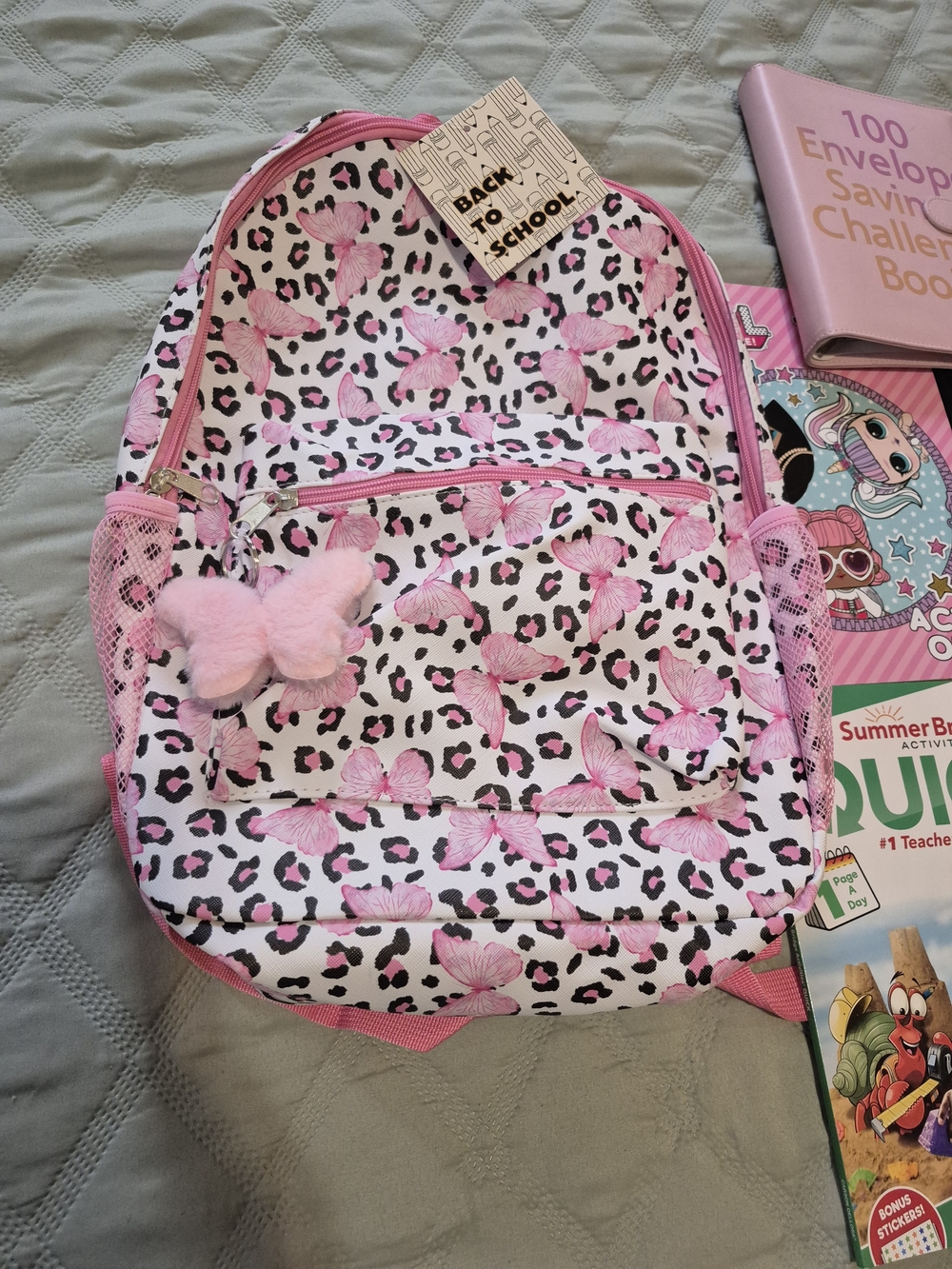Pink Butterfly Leopard Faux Leather Backpack with School Supplies